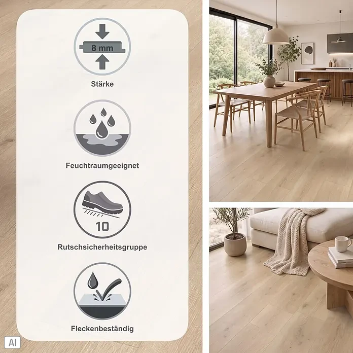Parador Designboden Modular One - Eiche Urban hell, 1.285 x 194 x 8 mm - Heller Holzlaminatboden in einem modernen Zuhause, mit Infografik: 8mm dick, feuchtraumgeeignet, rutschsicher (Gruppe 10) und fleckenbeständig.