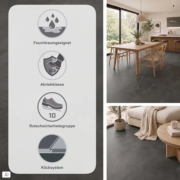 Classen Designboden Pro Nature - Freemount, Fliese, 638 x 310 x 4 mm - Dunkelgraue Bodenfliesen, feuchtraumgeeignet, Abriebklasse AC5, Rutschsicherheitsgruppe 10, mit Klicksystem.