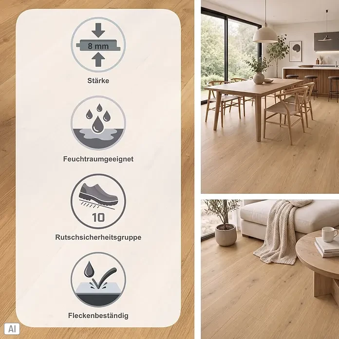 Parador Designboden Modular One - Eiche Spirit natur, Schlossdiele, 2.200 x 235 x 8 mm - Heller Eichenlaminatboden mit Symbolen für 8mm Stärke, Feuchtraumeignung, Rutschfestigkeit 10 und Fleckenbeständigkeit, in modernen Interieurs gezeigt.