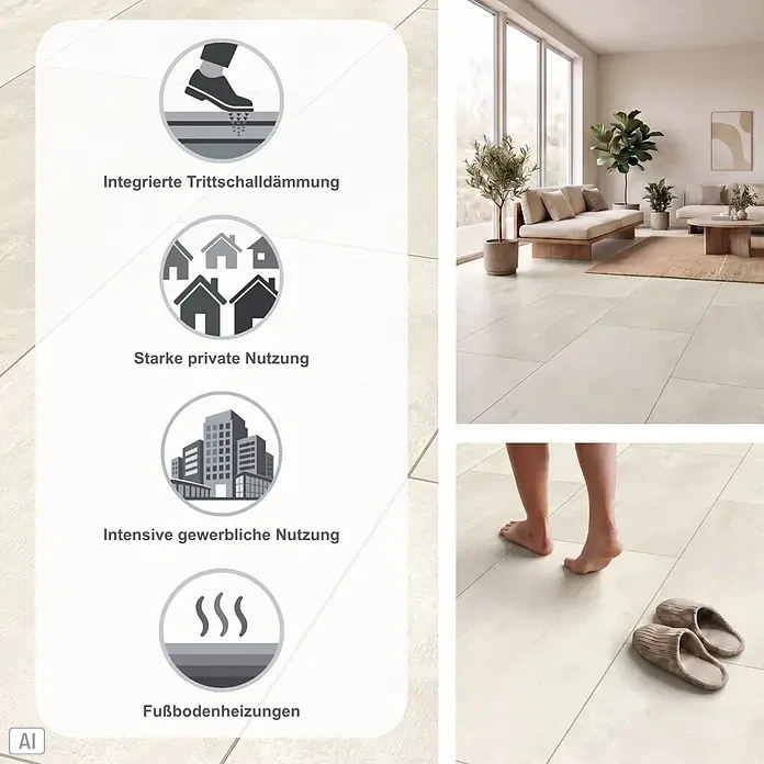 LOGOCLIC Designboden Element Flex - Mist Tile, Fliese, 638 x 322 x 7 mm - Helle großformatige Fliesen für den privaten und gewerblichen Einsatz, mit Trittschalldämmung und Fußbodenheizungskompatibilität.