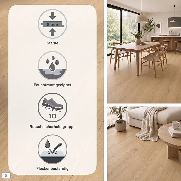 Parador Designboden Modular One - Eiche Artemis natur, 1.285 x 194 x 8 mm - Heller Holzboden in modernen Räumen. Merkmale: 8 mm stark, feuchtraumgeeignet, rutschhemmend (Gruppe 10), fleckenbeständig.