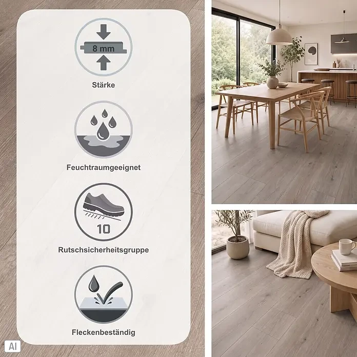 Parador Designboden Modular One - Eiche Urban grau, 1.285 x 194 x 8 mm - Heller grauer Holzboden mit Icons für 8mm Stärke, Feuchtraumeignung, Rutschsicherheit R10 und Fleckenbeständigkeit, in Wohnräumen gezeigt.