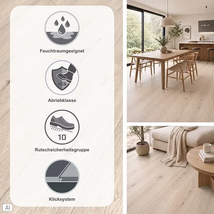 Classen Designboden Pro Nature - Lagan, Landhausdiele, 1.290 x 203 x 4 mm - Helle Holzoptik-Bodenbelag in einem modernen Zuhause, mit Merkmalen wie Feuchtraumeignung, Abriebklasse AC5, Rutschsicherheit und Klicksystem.