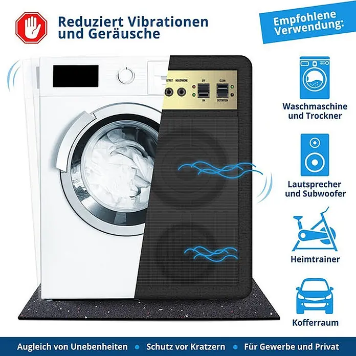 Floordirekt Antivibrationsmatte 60 x 60 x 1 cm -  - Schwarze, gesprenkelte Antivibrationsmatte, unter Waschmaschine und Verstärker zur Geräusch- und Oberflächenschutz gezeigt.