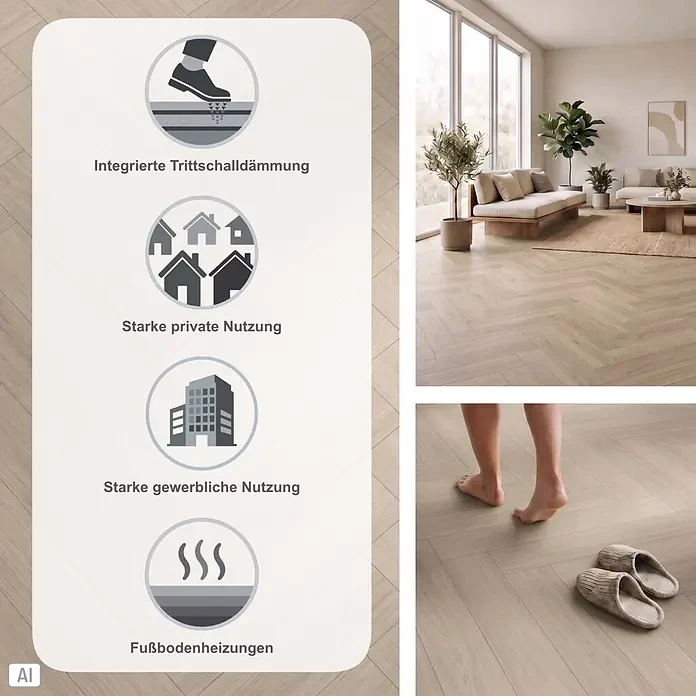 Parador Designboden Modular One - Eiche Artemis pearl, Fischgrät, 840 x 140 x 9 mm - Heller Fischgrätboden in modernem Wohnzimmer mit Infografik zu Trittschalldämmung, privater/gewerblicher Nutzung und Fußbodenheizung.