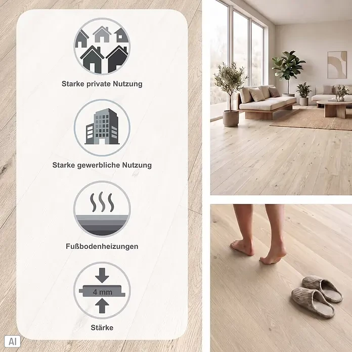 Classen Designboden Pro Nature - Lagan, Landhausdiele, 1.290 x 203 x 4 mm - Helles Holzboden-Laminat in einem modernen Wohnzimmer, mit Symbolen für starke private und gewerbliche Nutzung, Fußbodenheizung und 4 mm Stärke.