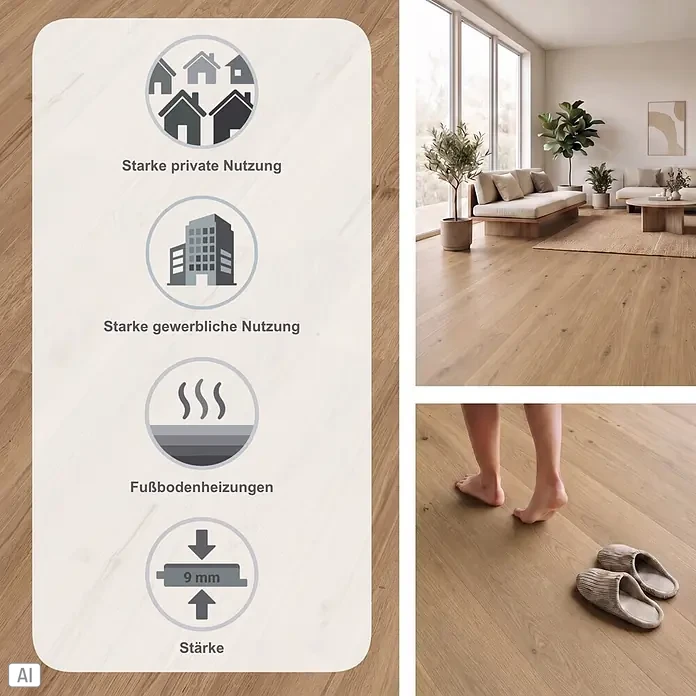 Decolife Designboden Naturestyle Pure - Oak Smoke, Landhausdiele, 1.220 x 185 x 9 mm - Heller Holzboden in einem modernen Wohnzimmer, geeignet für private und gewerbliche Nutzung, auch kompatibel mit Fußbodenheizungen.
