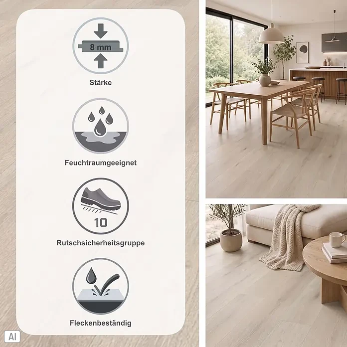 Parador Designboden Modular One - Eiche Urban weiß, 1.285 x 194 x 8 mm - Helle Laminatböden (8mm Stärke) mit Feuchtraum-, Rutsch- (R10) und Fleckenbeständigkeit, gezeigt in modernen Räumen.