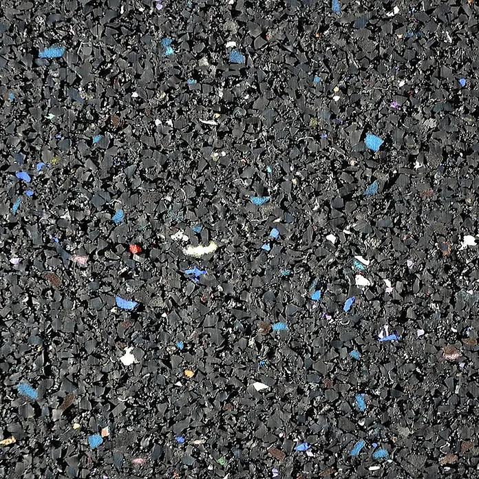 Floordirekt Unterlagsmatte Bautenschutzmatte Gummigranulatmatte 62,5 x 450 x 1 cm - Stärke: 10 mm - Nahaufnahme einer dunkelgrauen Sicherheitsmatte aus recyceltem Gummigranulat mit bunten Sprenkeln.