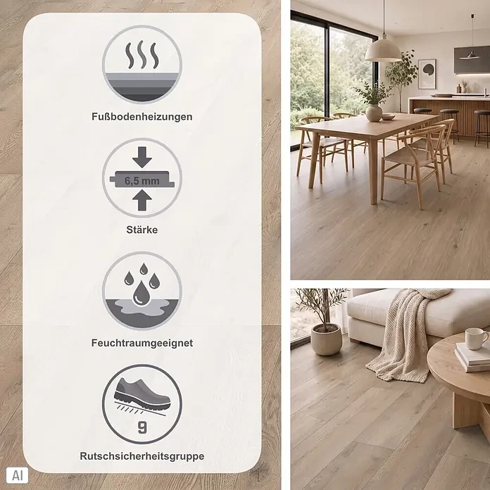 Living by Haro Hydrostar Designboden - Eiche Palermo, Landhausdiele, 1.282 x 235 x 6,5 mm - Heller Holzoptik-Bodenbelag in einem modernen Ess- und Wohnbereich, mit Piktogrammen zu Eigenschaften.