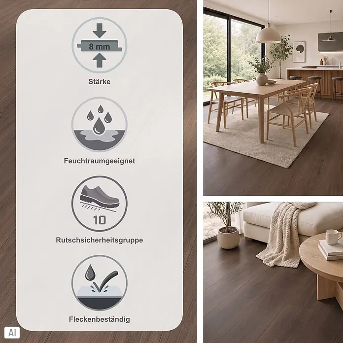 Parador Designboden Modular One - Eiche Artemis kaffeebraun, 1.285 x 194 x 8 mm - Dunkler Holzboden mit Overlay: 8mm Stärke, feuchtraumgeeignet, Rutschsicherheitsgruppe 10, fleckenbeständig.