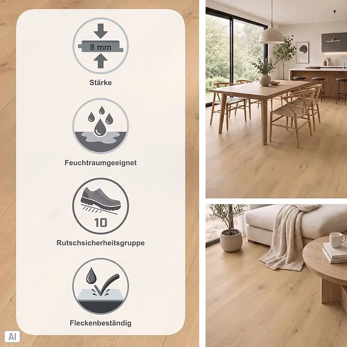 Parador Designboden Modular One - Eiche Pure natur, 1.285 x 194 x 8 mm - Helles Holzdekor-Bodenbelag (8mm, Feuchtraumeignung, Rutschfestigkeit, Fleckenbeständigkeit), dargestellt in Wohn- und Essbereichen.