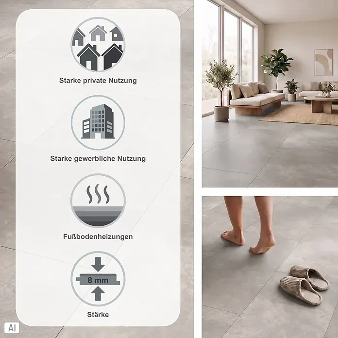 Parador Designboden Modular One - Beton Hellgrau, Fliese, 853 x 400 x 8 mm - Graue Bodenfliesen in einem modernen Wohnzimmer, mit Infografik zur Eignung für private und gewerbliche Nutzung, Fußbodenheizung und 8 mm Stärke.