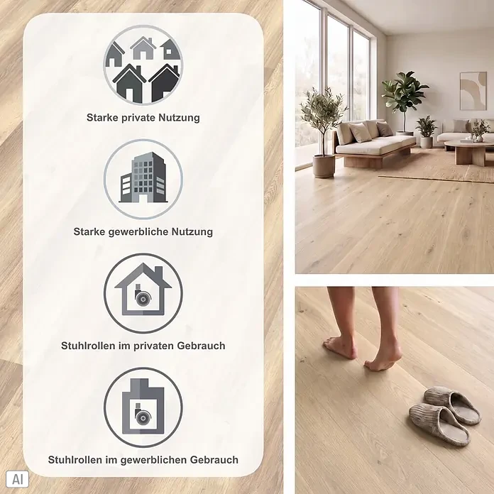 Decolife Designboden - Oak Baltic, Landhausdiele, 1.220 x 185 x 10,5 mm - Heller Holzboden in einem Wohnzimmer, mit Icons zur starken privaten und gewerblichen Nutzung, einschließlich Stuhlrollen.