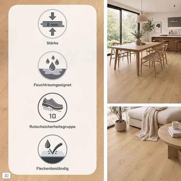 Parador Designboden Modular One - Eiche pure natur, Schlossdiele, 2.200 x 235 x 8 mm - Heller Holzfußboden, 8mm dick, feuchtraumgeeignet, rutschsicher (Gruppe 10) und fleckenbeständig, in einem modernen Zuhause gezeigt.