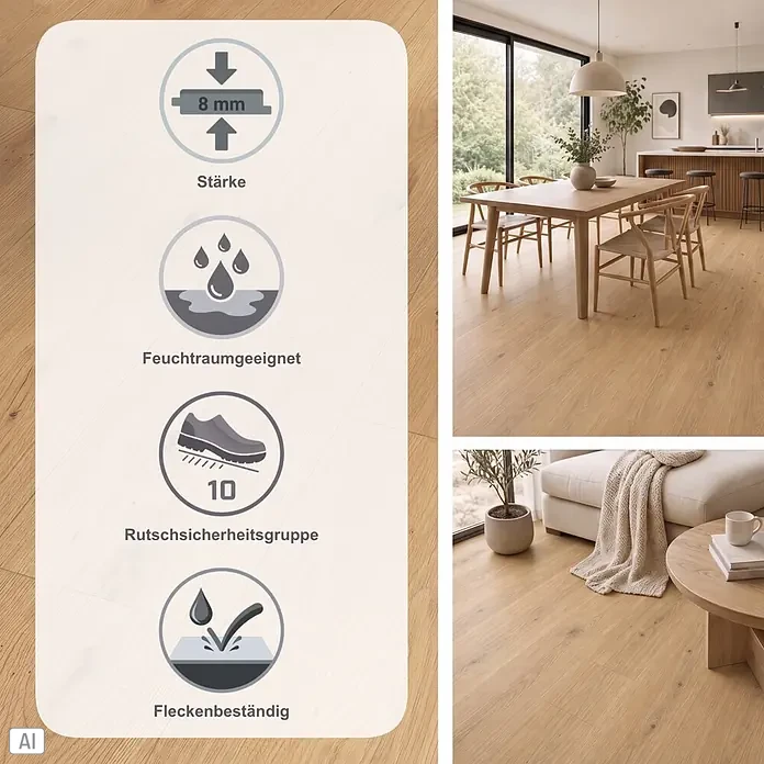Parador Designboden Modular One - Eiche Atmosphere natur, 1.285 x 194 x 8 mm - Helles Holzlaminat in moderner Wohnumgebung, mit Icons für 8mm Stärke, Feuchtraumeignung, Rutschsicherheit und Fleckenbeständigkeit.