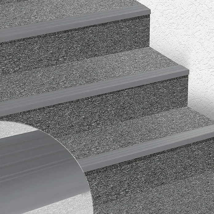 Floordirekt Treppenkantenprofil Michigan 120 cm Grau - Kunststoff, Grau - Texturierte anthrazitfarbene Treppen mit rutschfesten gerillten Treppenkantenprofilen.