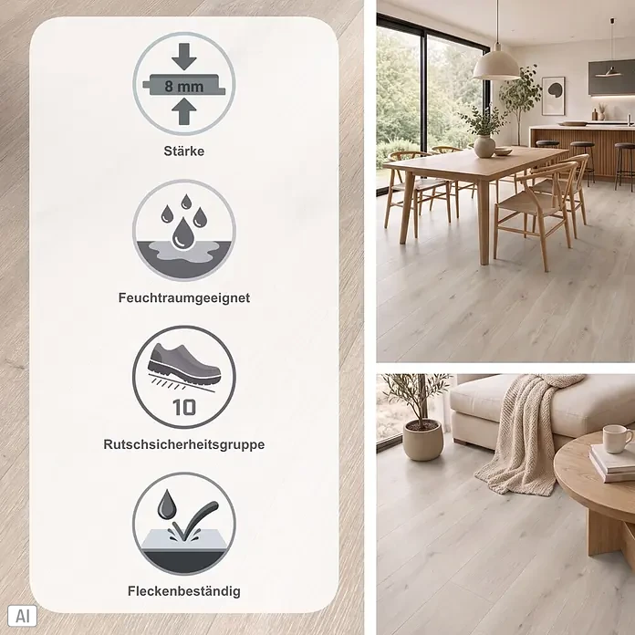 Parador Designboden Modular One - Eiche Urban weiß, Schlossdiele, 2.200 x 235 x 8 mm - Helles Laminat, 8mm dick, feuchtraumgeeignet, rutschsicher (Gruppe 10) und fleckenbeständig, in modernem Wohnambiente.