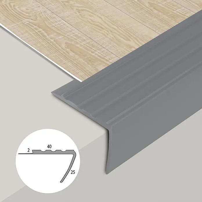 Floordirekt Stufenkantenprofil Toronto - Grau - 100 x 4 x 2,5 cm -  - Graues Anti-Rutsch-Treppenkantenprofil mit gerippter Oberfläche, passend für Stufen mit Holzoptik-Boden.