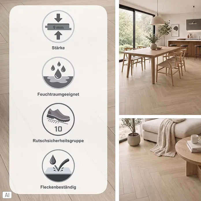 Parador Designboden Modular One - Eiche Artemis pearl, Fischgrät, 840 x 140 x 9 mm - Helles Fischgrät-Boden in Holzoptik mit Infografik: 9 mm Stärke, feuchtraumgeeignet, Rutschsicherheitsgruppe 10, fleckenbeständig, in modernen Wohnräumen gezeigt.