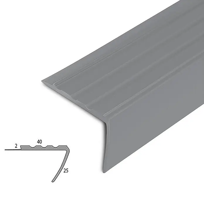 Floordirekt Stufenkantenprofil Toronto - Grau - 100 x 4 x 2,5 cm -  - Graues Treppenkantenprofil mit rutschhemmenden Rillen und Querschnittszeichnung.