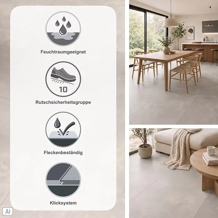Parador Designboden Modular One - Beton Weiß, Fliese, 853 x 400 x 8 mm - Helle graue Bodenfliesen mit Eigenschaften: feuchtraumgeeignet, Rutschsicherheitsgruppe 10, fleckenbeständig, Klicksystem. Gezeigt in Ess- und Wohnbereichen.