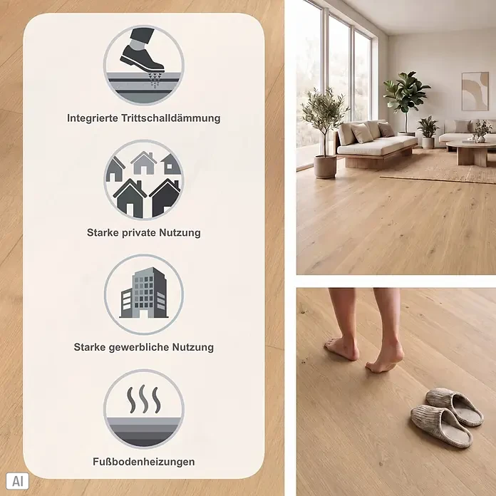 Parador Designboden Modular One - Eiche pure natur, Schlossdiele, 2.200 x 235 x 8 mm - Helles Holzparkett mit Infografik, die Merkmale wie integrierte Trittschalldämmung, Eignung für starke private und gewerbliche Nutzung und Fußbodenheizungen hervorhebt.