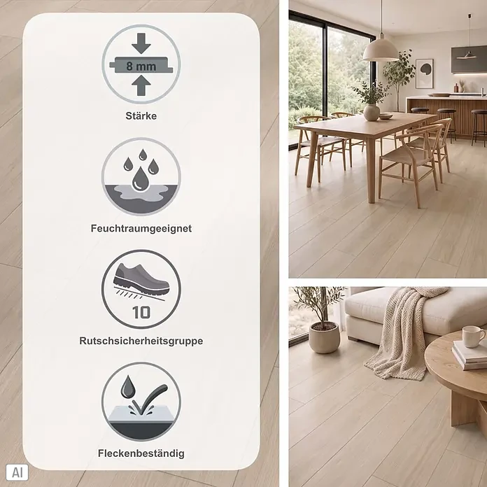 Parador Designboden Modular One - Eiche Artemis pearl, 1.285 x 194 x 8 mm - Heller Holzoptik-Boden mit Eigenschaften: 8mm Stärke, feuchtraumgeeignet, Rutschsicherheitsgruppe 10 und fleckenbeständig. Gezeigt in einem modernen Zuhause.