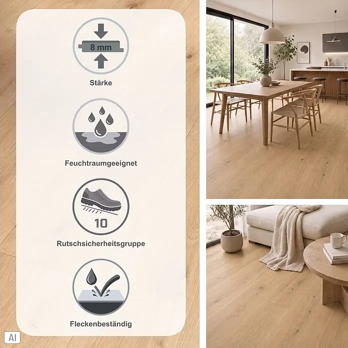 Parador Designboden Modular One - Eiche pure hell, 1.285 x 194 x 8 mm - Heller Holzdekorboden, 8mm stark, feuchtraumgeeignet, rutschhemmend (R10) und fleckenbeständig, in einem modernen Zuhause.