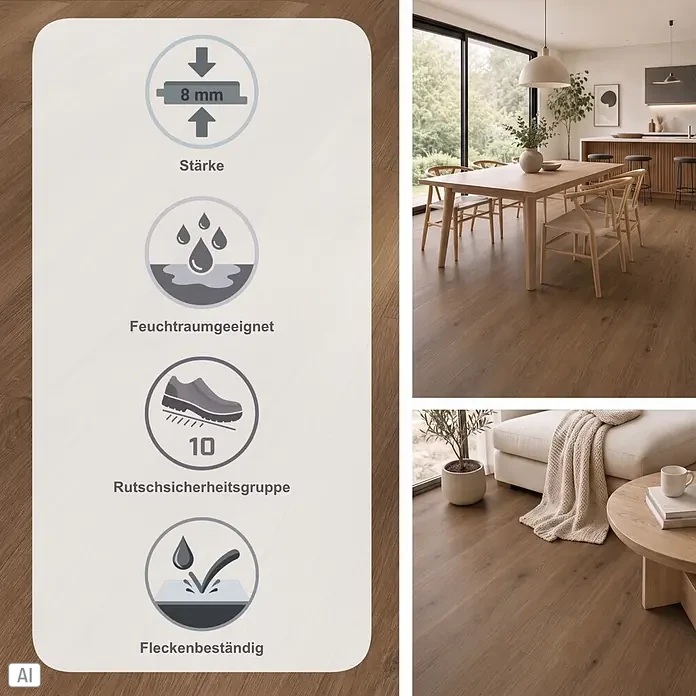 Parador Designboden Modular One - Eiche Spirit Geräuchert, Schlossdiele, 2.200 x 235 x 8 mm - Mittelbrauner Laminatboden in Holzoptik, 8 mm stark, feuchtraumgeeignet, Rutschsicherheitsgruppe 10 und fleckenbeständig, gezeigt in modernen Wohnräumen.