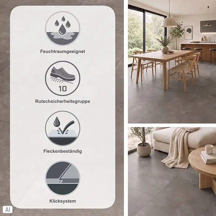 Parador Designboden Modular One - Beton dunkelgrau, Fliese, 853 x 400 x 8 mm - Dunkelgraue Fliesen mit Betonoptik und Klicksystem in modernem Zuhause, feuchtraum-, rutsch- (Gruppe 10) und fleckenbeständig.