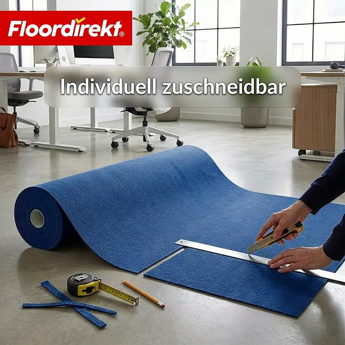Floordirekt Teppichboden Meterware Malta - aus Nadelvlies - mit Schaumrücken - Dunkelblau - 200 x 100 cm - Nadelfilz, Polypropylen, Dunkelblau - Blauer, strukturierter Bodenschutzläufer als Rolle, wird in einem Büro zugeschnitten.