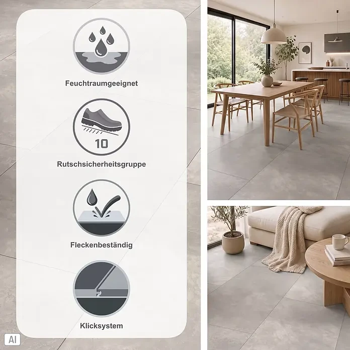 Parador Designboden Modular One - Beton Hellgrau, Fliese, 853 x 400 x 8 mm - Helle graue Bodenfliesen mit Klicksystem, feuchtraumgeeignet, fleckenbeständig und rutschsicher (Gruppe 10), in modernem Zuhause verlegt.