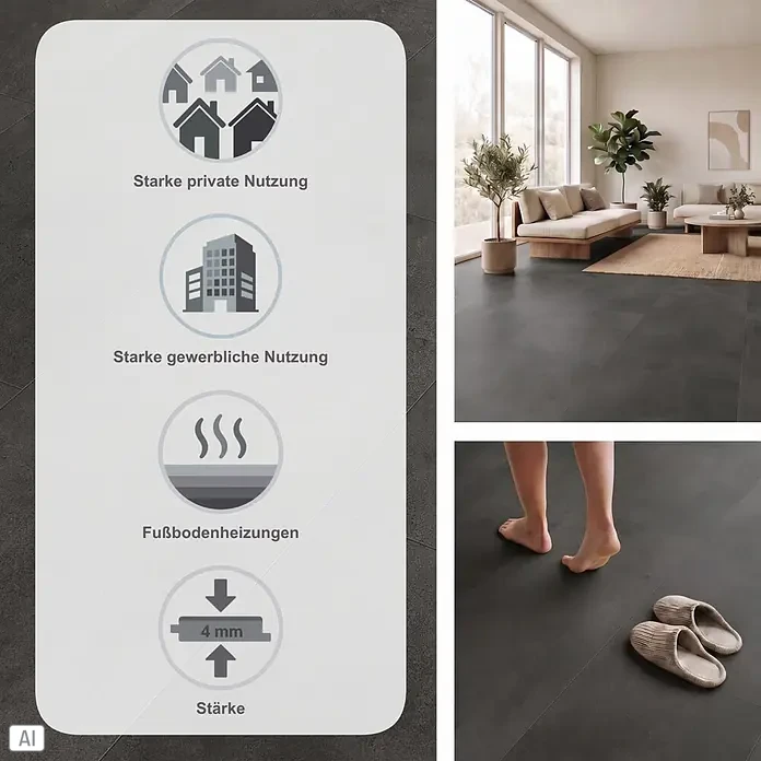 Classen Designboden Pro Nature - Freemount, Fliese, 638 x 310 x 4 mm - Dunkelgraue Bodenfliesen in einem Wohnzimmer, mit Infografik: 4 mm Stärke, geeignet für starke private & gewerbliche Nutzung und Fußbodenheizung.