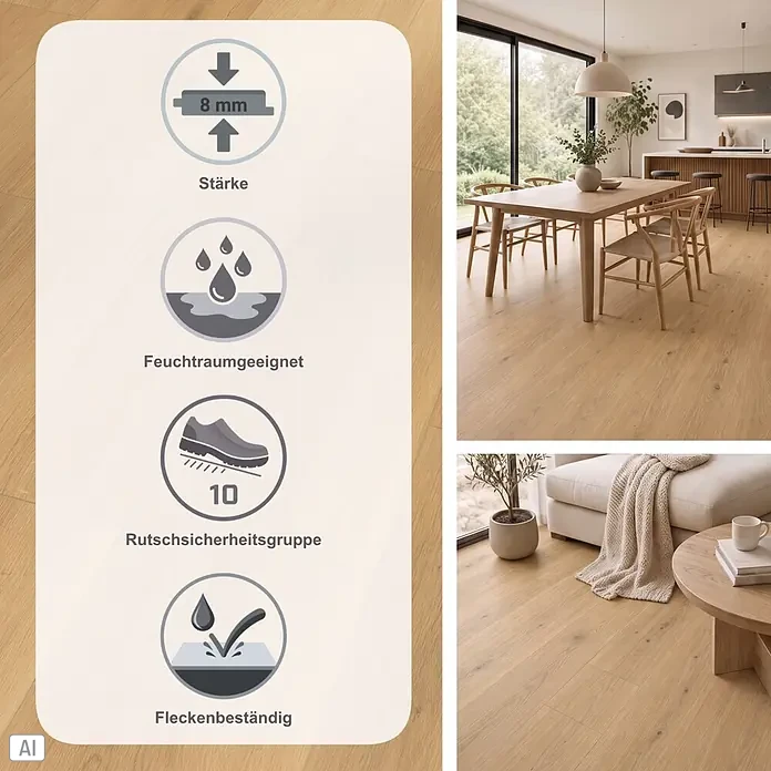 Parador Designboden Modular One - Eiche Spirit natur, 1.285 x 194 x 8 mm - Heller Holzfußboden in moderner Wohnumgebung, mit 8 mm Stärke, Feuchtraumeignung, Rutschsicherheit und Fleckenbeständigkeit.