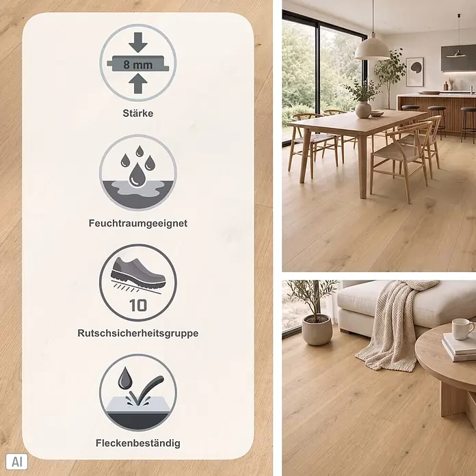 Parador Designboden Modular One - Eiche pure hell, Schlossdiele, 2.200 x 235 x 8 mm - Helles Laminat in Holzoptik (8mm), feuchtraumgeeignet, rutschsicher (Gruppe 10) und fleckenbeständig, in modernen Wohnräumen.