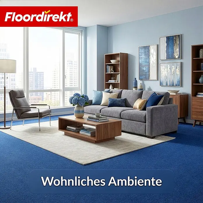 Floordirekt Teppichboden Meterware Malta - aus Nadelvlies - mit Schaumrücken - Dunkelblau - 200 x 100 cm - Nadelfilz, Polypropylen, Dunkelblau - Blauer Teppichboden in einem modernen Wohnzimmer mit hellem Teppich und gemütlicher Einrichtung.