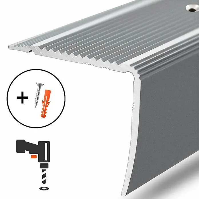 Floordirekt Treppenkantenprofil Integral 100 x 3 x 2 cm Silber - Aluminium, Silber - Silbergraues Aluminium-Treppenkantenprofil mit geriffelter Oberfläche, inkl. Schrauben, Dübeln und Bohrer-Symbol für die Montage.