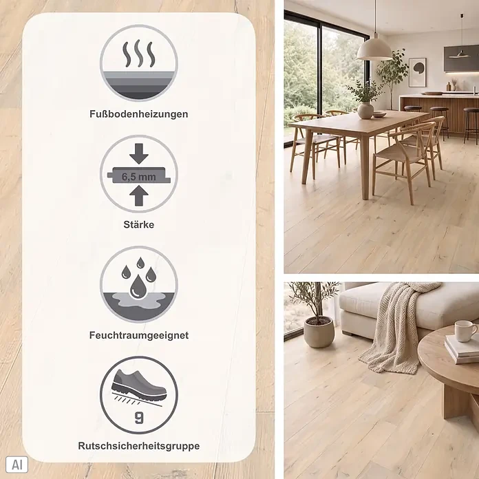 Living by Haro Hydrostar Designboden - Eiche Como, Landhausdiele, 1.282 x 235 x 6,5 mm - Helles Holzparkett in modernen Räumen, mit Details zu 6,5mm Stärke, Fußbodenheizung, Feuchtraumeignung & Rutschsicherheitsgruppe R9.