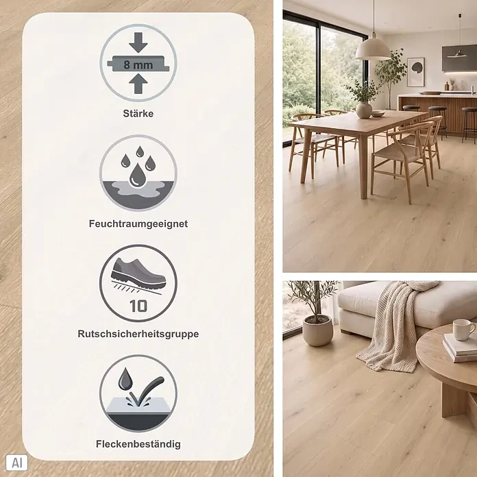 Parador Designboden Modular One - Eiche Urban hell, Schlossdiele, 2.200 x 235 x 8 mm - Heller Holzlaminatboden in einem modernen Zuhause, der Eigenschaften wie 8 mm Stärke, Feuchtraumeignung, Rutschsicherheit R10 und Fleckenbeständigkeit hervorhebt.