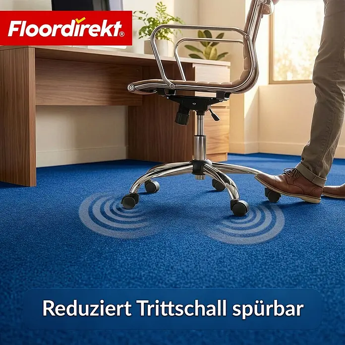 Floordirekt Teppichboden Meterware Malta - aus Nadelvlies - mit Schaumrücken - Dunkelblau - 200 x 100 cm - Nadelfilz, Polypropylen, Dunkelblau - Blauer Teppich, der Trittschall von Bürostuhlrollen spürbar reduziert, illustriert mit Schallwellengrafiken.
