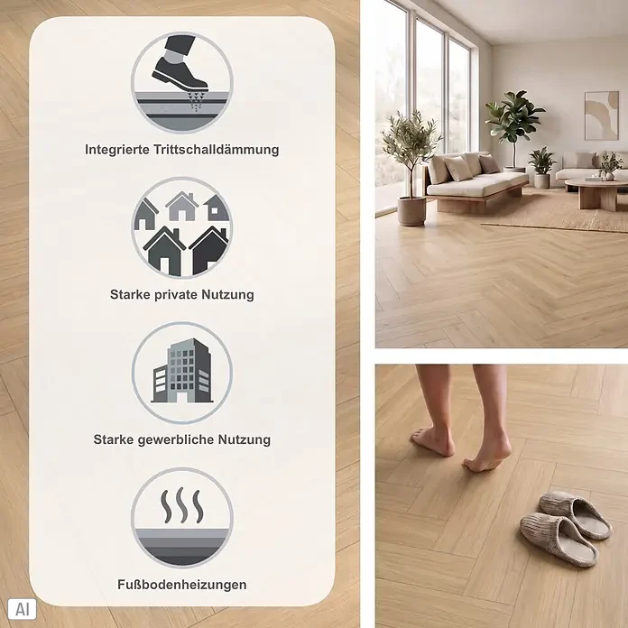 Parador Designboden Modular One - Eiche Artemis natur, Fischgrät, 840 x 140 x 9 mm - Helles Fischgrät-Bodenbelag mit Symbolen für integrierte Trittschalldämmung, starke private/gewerbliche Nutzung und Fußbodenheizungen.