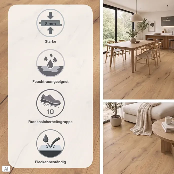 Parador Designboden Modular One - Eiche Helios natur, 1.285 x 194 x 8 mm - Helles Holzboden-Laminat, 8mm dick, feuchtraumgeeignet, rutschsicher (Gruppe 10) und fleckenbeständig, in modernen Wohnräumen.