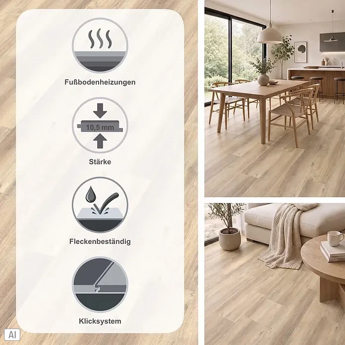 Decolife Designboden - Oak Baltic, Landhausdiele, 1.220 x 185 x 10,5 mm - Heller Holzboden mit 10,5 mm Stärke, fußbodenheizungsgeeignet, fleckenbeständig und Klicksystem, in modernen Wohnräumen dargestellt.