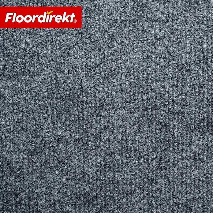 Floordirekt Teppichboden Meterware Malta - aus Nadelvlies - mit Schaumrücken - Grau - 200 x 250 cm - Nadelfilz, Polypropylen, Grau - Grauer strukturierter Teppich mit rotem Floordirekt-Logo.
