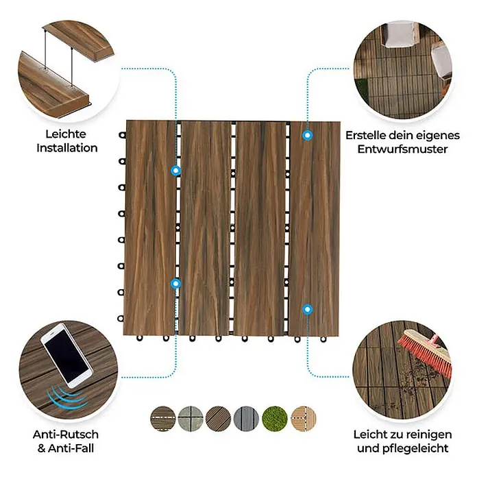 Floordirekt WPC-Klickfliese Classic Mix Teak 30 x 30 cm -  - Braune Holzoptik-Terrassenfliese mit Funktionen wie einfacher Installation, individuellen Mustern, Rutschfestigkeit und leichter Reinigung.
