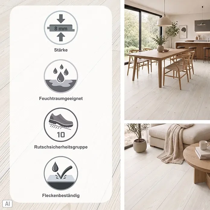 Parador Designboden Modular One - Lärche Apollo weiß, Schlossdiele, 2.200 x 235 x 8 mm - Heller Holzoptik-Bodenbelag (8mm, feuchtraumgeeignet, Rutschgruppe 10, fleckenbeständig) in einem modernen Wohnraum.