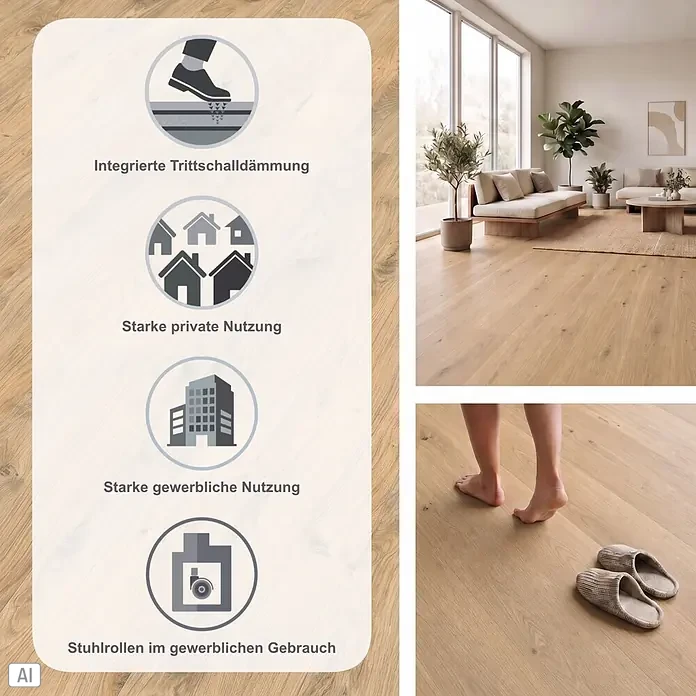Living by Haro Hydrostar Designboden - Eiche Alba, Landhausdiele, 1.282 x 235 x 6,5 mm - Helles Holzboden-Laminat mit integrierter Trittschalldämmung, geeignet für privaten und gewerblichen Gebrauch sowie Stuhlrollen.