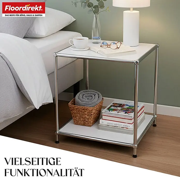Floordirekt Metallregal Concept Epure MK-012 Weiß 40 x 40 x 46 cm -  - Weiß-silberner Beistelltisch als Nachttisch neben einem Bett, mit zwei Ablagen für Bücher, Lampe und andere Utensilien.