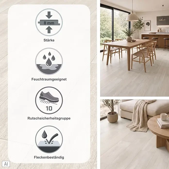 Parador Designboden Modular One - Eiche Nordic weiß, 1.285 x 194 x 8 mm - Heller Fußboden mit Merkmalen wie Feuchtraumeignung, Rutschsicherheit und Fleckenbeständigkeit, in modernem Zuhause verlegt.